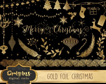 70% OFF Gold Foil Christmas clipart, gold Christmas clip art, ornaments, string lights, snowflakes, png digital instant download graphics