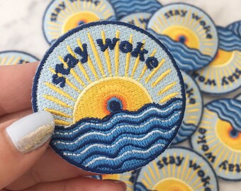 Stay Woke Patch - Iron On Embroidered Patches Poltical - Rising Sun Over Waves
