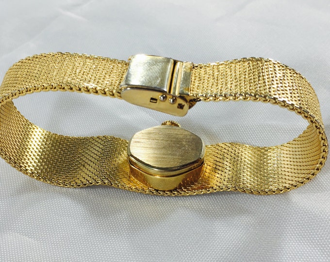 Storewide 25% Off SALE Vintage Gold Tone Swiss Made Chateau Mechanical Watch Featuring Woven Mesh Band With Sunken Bezel Design