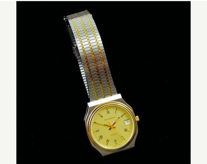 Storewide 25% Off SALE Vintage Gentleman's Swiss Made Bucherer Stainless Steel/Gold-Tone Quartz Watch featuring Anti Magnetic and Water/Shoc