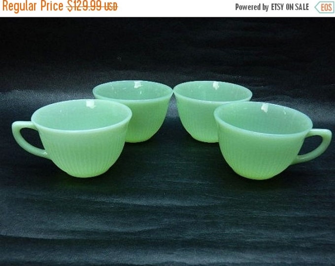Storewide 25% Off SALE Vintage Set of 4 Anchor Hocking Jadeite Fire King Coffee Cups Featuring Green Ovenware Finish