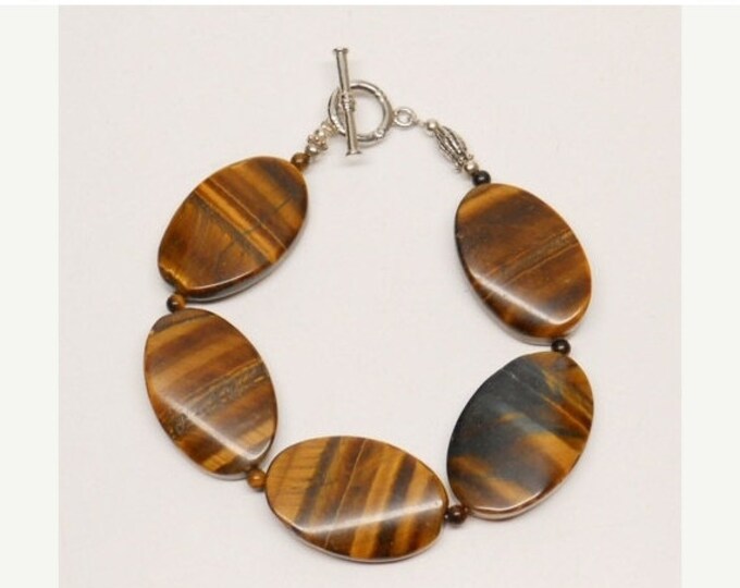 Storewide 25% Off SALE Vintage Genuine Flat Tiger Eye Oval Stone Bracelet With Sterling Silver Toggle Clasp Featuring Stunning Deep Colors &