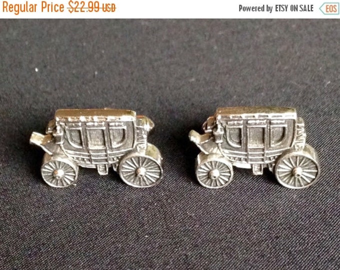 Storewide 25% Off SALE Vintage Men's Hickok Silver Tone Eclectic Wild Western Style Covered Wagon Cuff Link Set Featuring Textured Accents &