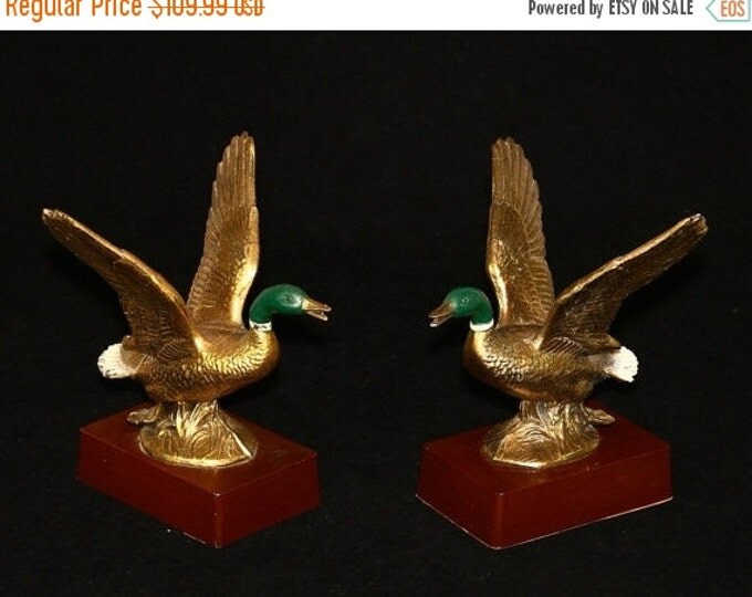 Storewide 25% Off SALE Vintage Stately Cast Brass Philadelphia Company Flying Green Headed Mallard Bookend Set Featuring Wooden Pedestal Bas