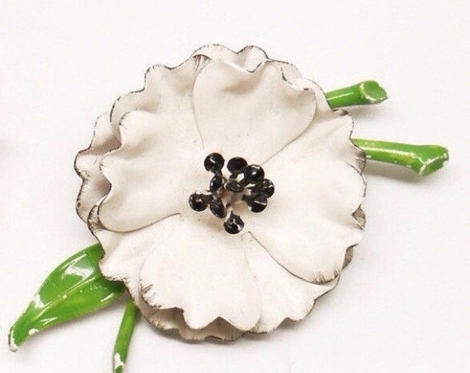 Storewide 25% Off SALE Vintage Hand Painted Enamel & Metal White Clematis Cocktail Brooch Featuring Lime Green Stem Design With Delicate Det