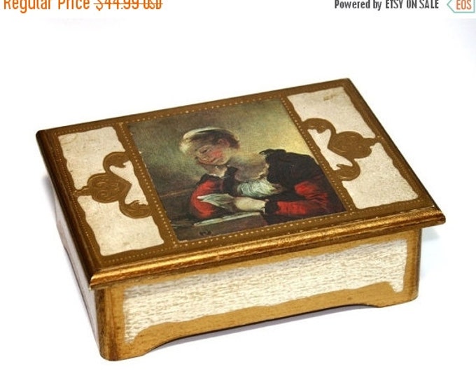 Storewide 25% Off SALE Vintage Hand Painted Wooden Jewelry Trinket Box With Bright Red Lining Featuring Gold Accented Trim