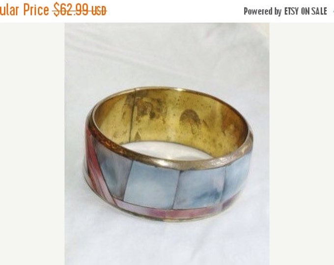 Storewide 25% Off SALE Vintage Gold Tone Segmented Mother Of Pearl Inlaid Designer Bangle Bracelet Featuring Eclectic Powder Blue & Rose Pin