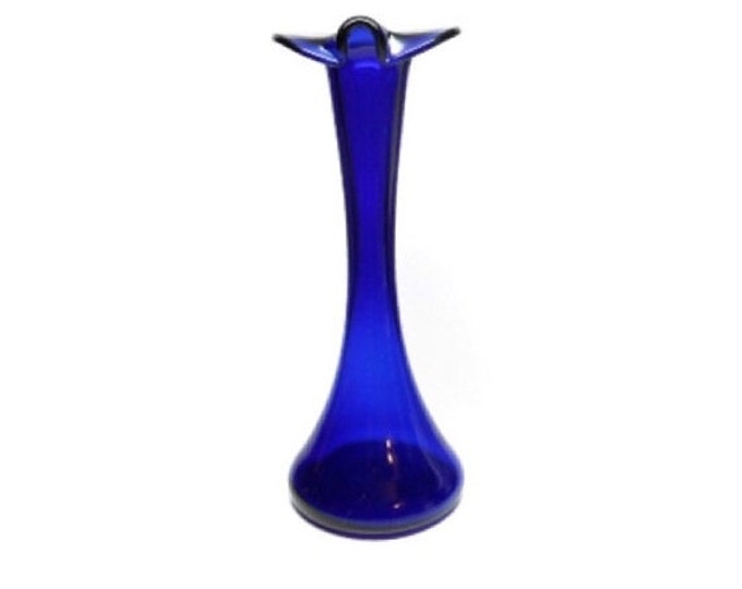 Storewide 25% Off SALE Vintage Cobalt Blue Hand Blown Art Glass Floral Vase Featuring Bubble Base Design With Fluted Top