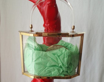 Majestic Clear Lucite Box Bag 1940's Gilt Metal Frame . Wartime Handbag . New Look . WW2 . Lindy Hop .
