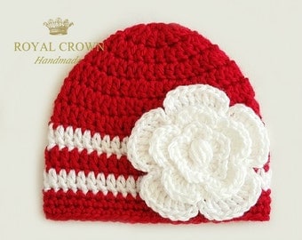 Red Baby Hat,Crochet Baby Girl Hat,Baby Flower Hat,Crochet infant hat,Infant Hats for Girls,Baby Hats for Girls,Red White Baby Hat,Christmas