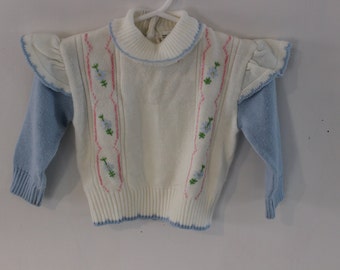 Vintage girl sweater toddler 12 month, 18 months ruffle sleeve long sleeved blue flower pullover cardigan