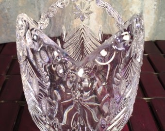 Heavy Cut Glass Etched Glass Christmas Holiday Votive Candle Holder Three Sided Scalloped Edge Christmas Trees - Gifts Under 15