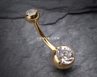 Gold PVD Double Clear Gem Ball Steel Belly Button Ring