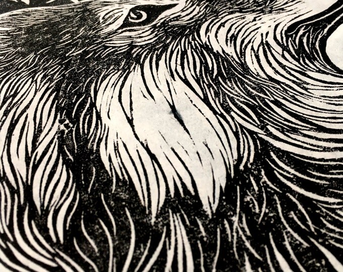 Mountain Wolf Original Illustration Print Linocut - A4 Wild, Animals, Wolves