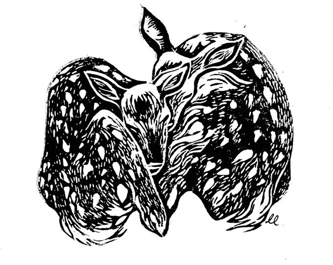 Fawn Deer Print - Cute Animal Print - Linocut Relief Print // Limited Edition Art