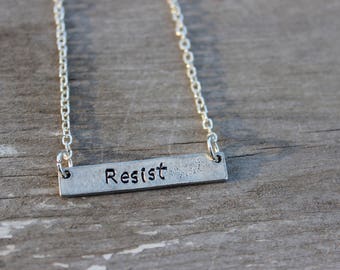 Resist Bar Necklace - Hand Stamped Pewter Resist Bar Necklace - Resist Necklace - Love Trumps Hate - Resist Jewelry - Stamped Metal Necklace
