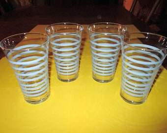 Vintage Blue Stripe Drinking Glasses, Tumblers, Summer Glasses, mid century, nautical glasses, pool party, vintage glassware. mid century