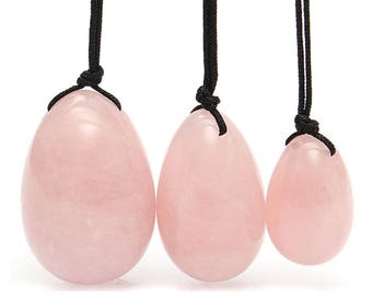 Rose Quartz-Yoni Eggs for Women-Crystal- Jade- Set of Three- Health and Wellness- Kegel Exercise Pelvic Health Drilled with Hole with Pouch