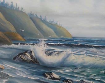 Old vintage artist signed original art painting coastal landscape beach ocean waves nautical seascape