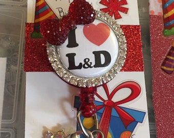Labor and delivery Badge Reel, RN lanyard holder, retractable ID clip, bling bow, name tag, Pull tab access security card, unique