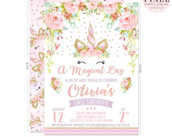Unicorn Birthday Invitation Magical Unicorn Invitation Floral Unicorn Invitation Whimsical Dreamy Face Unicorn Pink Gold Unicorn Party