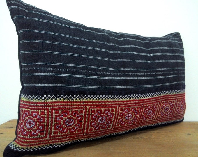 12"x20" Gorgeous Indigo Hemp and Vintage Cross-Stitch Embroidery Pillow Cover, Unique Handmade Vintage Hmong Textile Boho Pillow Cover