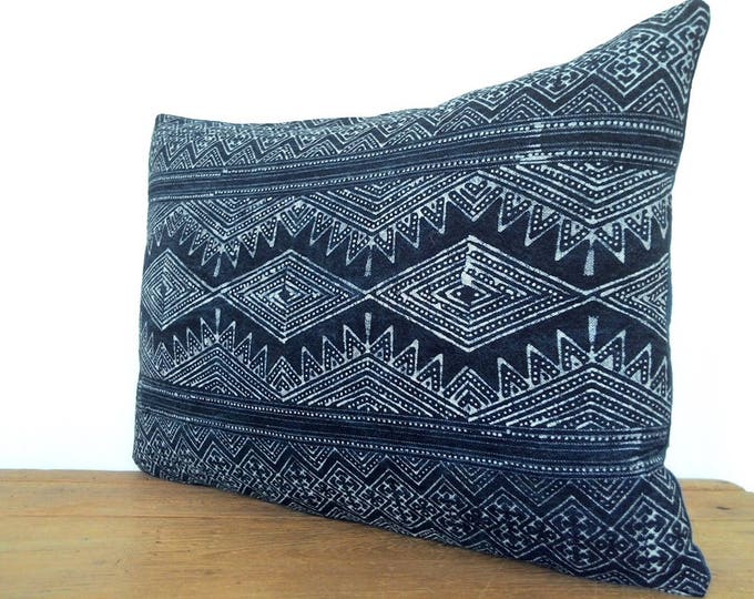 Indigo Boudoir Pillow Cover / Hand Dyed Hmong Indigo Batik Pillow Cover / Handspun Geometric Boho Hill Tribe Cotton Pillow