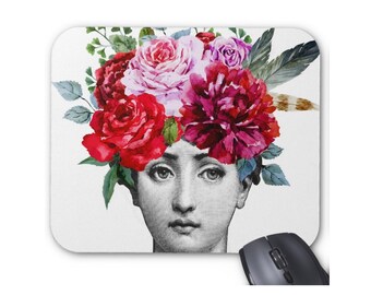 Fornasetti Face with Flowers Print Mouse Pad, Colorful Watercolor Vintage Floral Mousepad