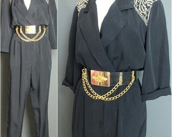 Vintage 80’s Glam Simple Black Disco Jumpsuit Romper Partty Pantsuit M/L