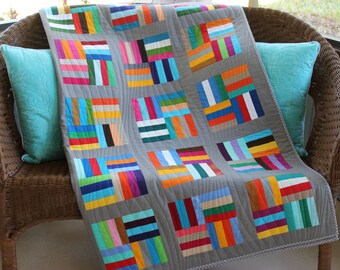 Modern Multi-Color/Gray Handmade Patchwork Generous Throw Quilt, Lap Quilt, "Stripes Ahoy", 52" x 62"