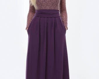 Plum Top Lace Maxi Womens Dress Round Neckline Long Sleeves Pockets