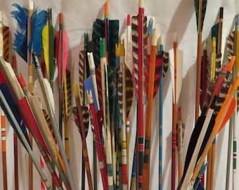Vintage wood arrows. Decorative vintage wooden arrows. Pick up to 6 archery colorful painted wood shafts with feather fletchings