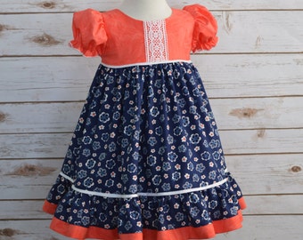 Girls Dress, Easter Dress, Spring dress, Coral and Navy Dress, Floral Print Dress, Special Occasion, Toddler Dress, 3T Ready to Ship