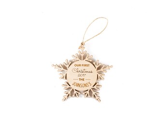 Our first Christmas ornament - Personalized newlywed wedding gift, 3.5 inch diameter, ready to hang