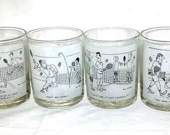 Bill Davey Cartoon Tennis Whiskey Glass,Set of 4,Double Old Fashioned,Tennis Rocks Glassware,Tennis,Low Ball,Bill Davey,Tennis Comics,1960s