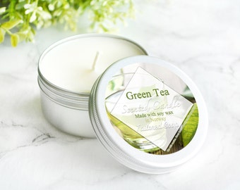Green Tea Candle - Tea Lover Gift - Scented Soy Candle - Relaxing Travel Candle - Green Tin Candle - Soy Wax Gift For Mom - Container Candle