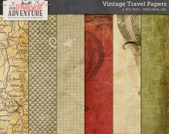 Steampunk, vintage travel, scrapbook papers, paperpack, patterns, binoculars, air balloon, vintage map, textures, art journal backgrounds