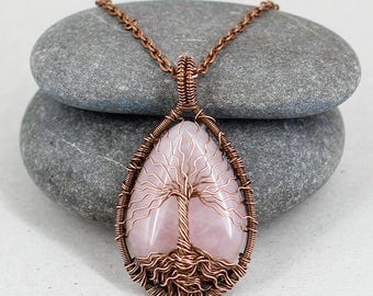 Tree-of-life necklace Rose-quartz-necklace Healing crystals and stones Protection amulet Mothers-day-gift for mom-birthday-gift Grandma gift