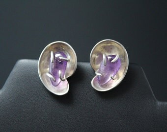 Sterling Silver Vintage Modernist Mexican Amethyst Clip On Earrings