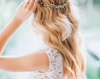 Boho Bridal Back Headpiece, Bohemian Headpiece, Wedding Headpiece, Pearl Headband, Wedding Tiara, Wedding Hair Vine, Bridal Headband