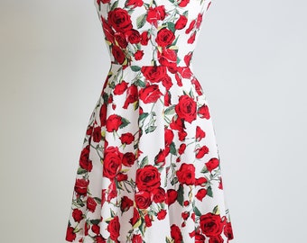 Summer dress, floral dress, vintage style dress, red and white dress, red rose dress, midi dress, mid-length dress, cotton dress, 50s dress