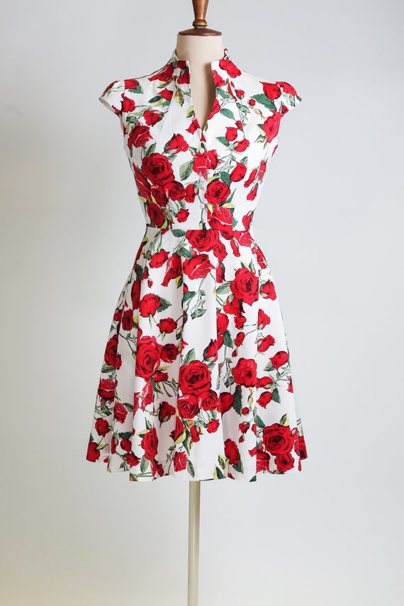 Summer dress floral dress vintage style dress red and white