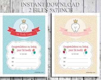 First tooth lost, first tooth certificate, tooth fairy certificate, instant download