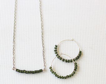 Beaded Jewelry - Minimalist Jewelry - Delicate Necklace - Beaded Hoop Earrings - Jewelry Gift Set for Mom - Wife Jewelry Gift Set