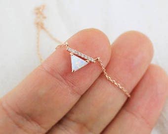 Triangle Opal Stone Rose Gold Necklace, Rose Gold Triangle Necklace,Bridesmaid Gift,Gemstone Necklace,Birthday Gift,6078