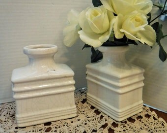 Pair of Square Vases, 2 White Vases, 2 Unique Rectangle White Bottles, Matching White Ceramic Bottles, Vase Bookends, White Home Decor