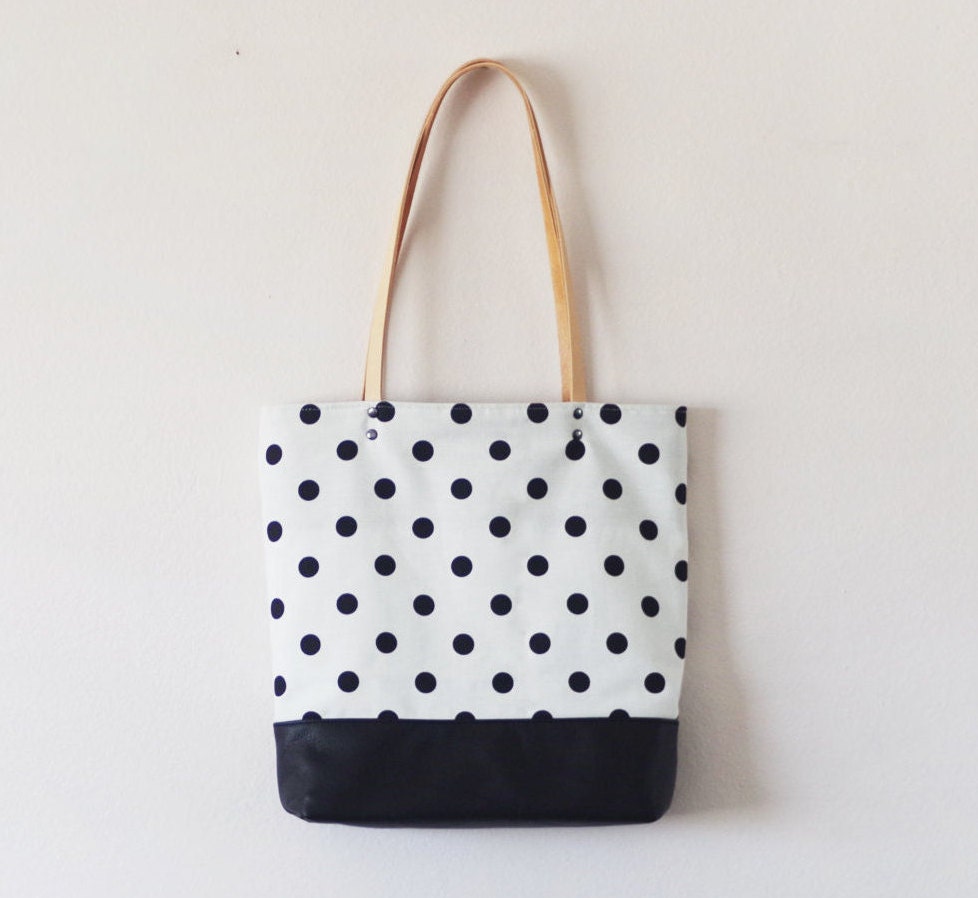 Polka dot canvas top and black leather bottom tote bag with