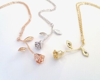 Rose Necklace, Rose Gold Necklace, Beauty And The Beast Jewelry, Initial Leaf, Personalized Rose Necklace, Gift For Mom, Mothers Necklace