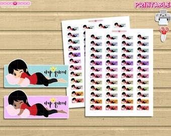 Chic Nap Queen, Sleep In Printable Planner stickers. Fit on 1,5 inches boxes. Kawaii stickers.