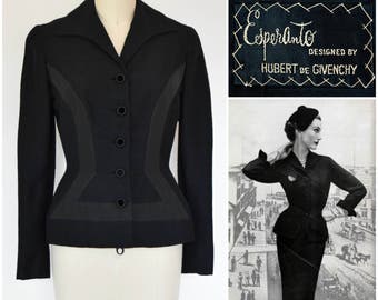 Vintage Givenchy Black Jacket/ 1950s Paris Haute Couture Silk Wool Velvet Fitted Suit/ 1953 Vogue Featured Esperanto Jacket for Jay Thorpe